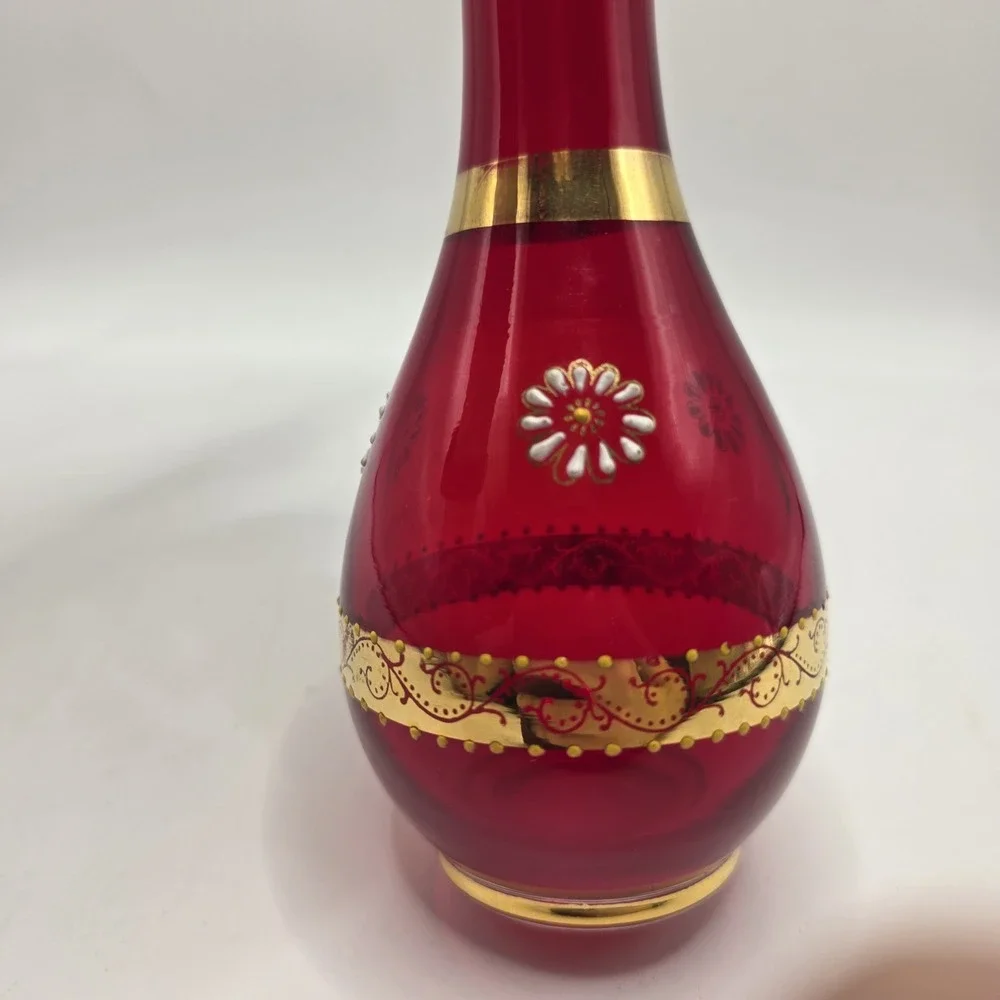 Vintage Ruby Red Glass Bud Vase Gold Enamel Floral Bohemian Style‎ 8in